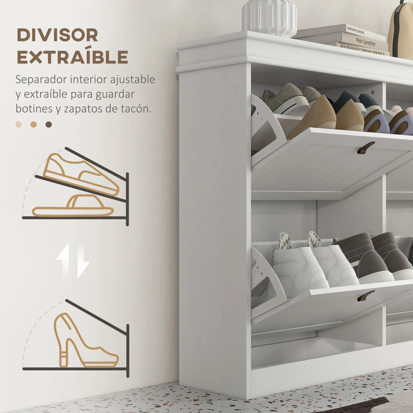 HOMCOM White Shoe Cabinet Slim Shoe Rack with 4 Tilt Doors and Adjustable Shelves for 20 Pairs of Shoes, Anti-tipping Device for Entrance Hallway 105x24x82.5 cm