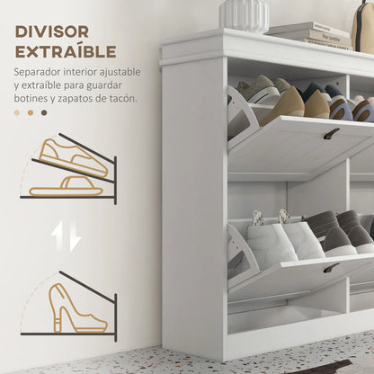 HOMCOM White Shoe Cabinet Slim Shoe Rack with 4 Tilt Doors and Adjustable Shelves for 20 Pairs of Shoes, Anti-tipping Device for Entrance Hallway 105x24x82.5 cm