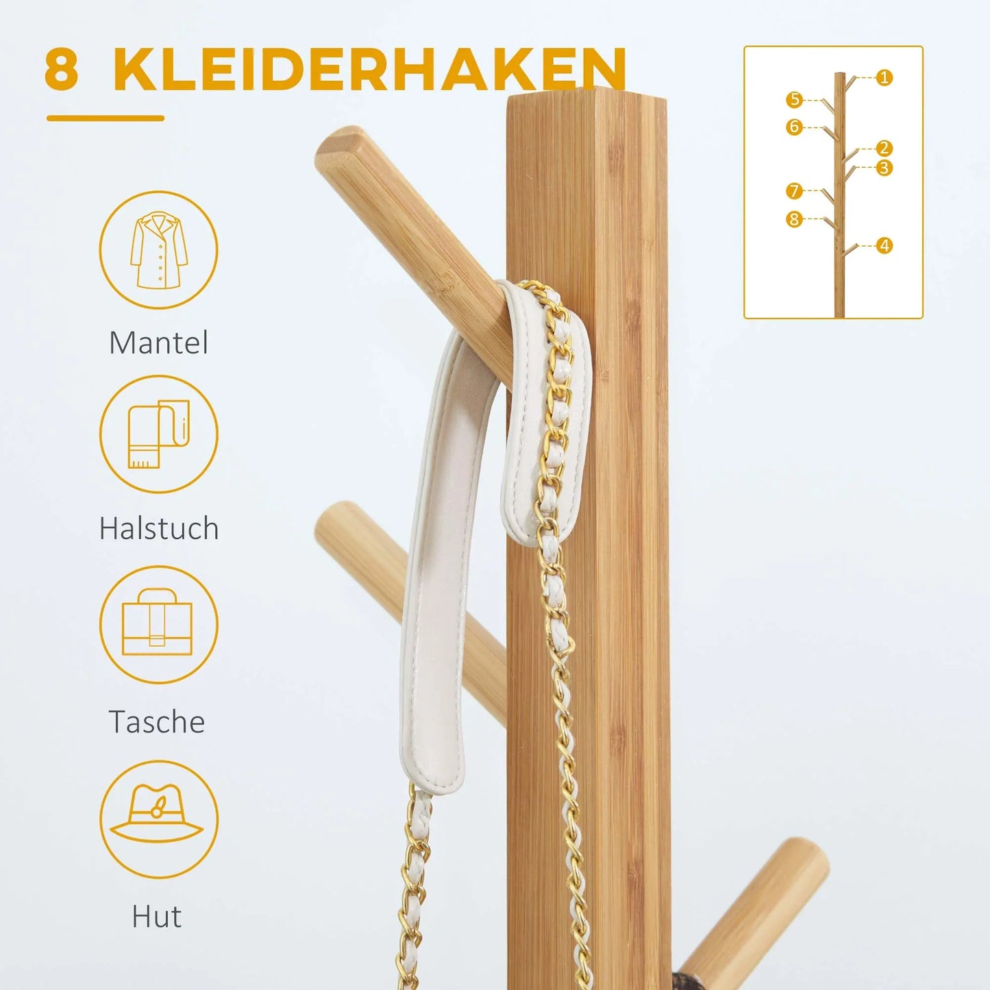 HOMCOM Kleiderständer mit 8 Haken, Bambus Garderobenständer für Schlafzimmer, Ausstellungen, Waschraum, Naturholz