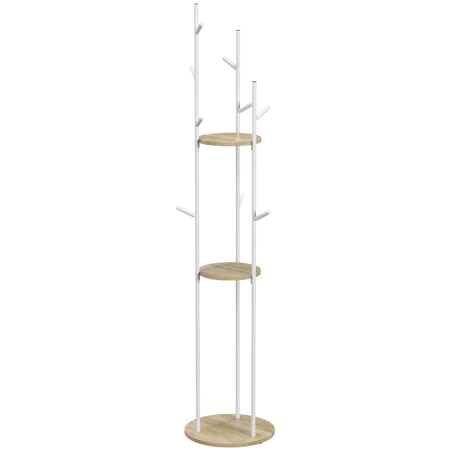 HOMCOM Freestanding Coat Rack made of Steel with 9 Hooks and 2 Round Shelves - Ø 40 x 167 cm in Natural and White