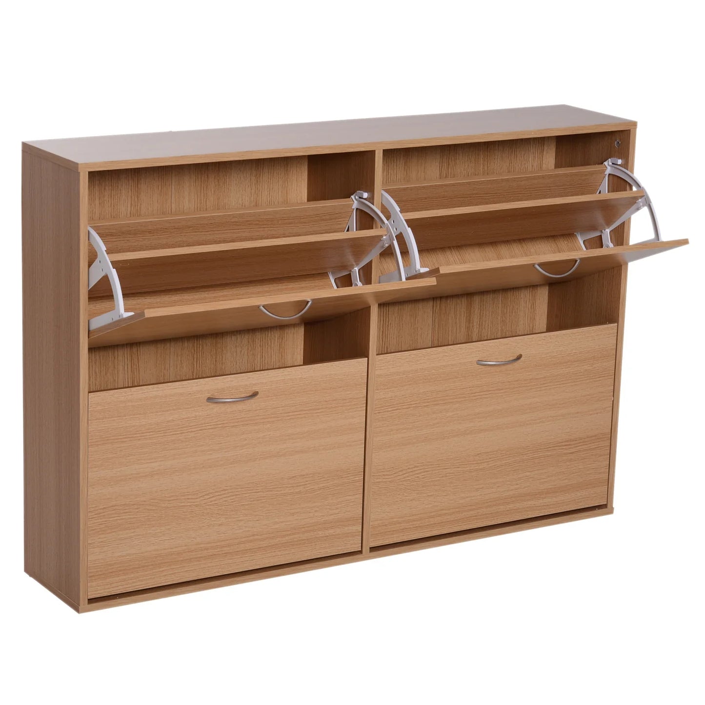 HOMCOM Schlankes Schuhregal mit 4 Klapptüren, modernes Schuhregal für 24 Paar Schuhe mit verstellbaren Einlegeböden, Holzfarbe, 120x24x81cm