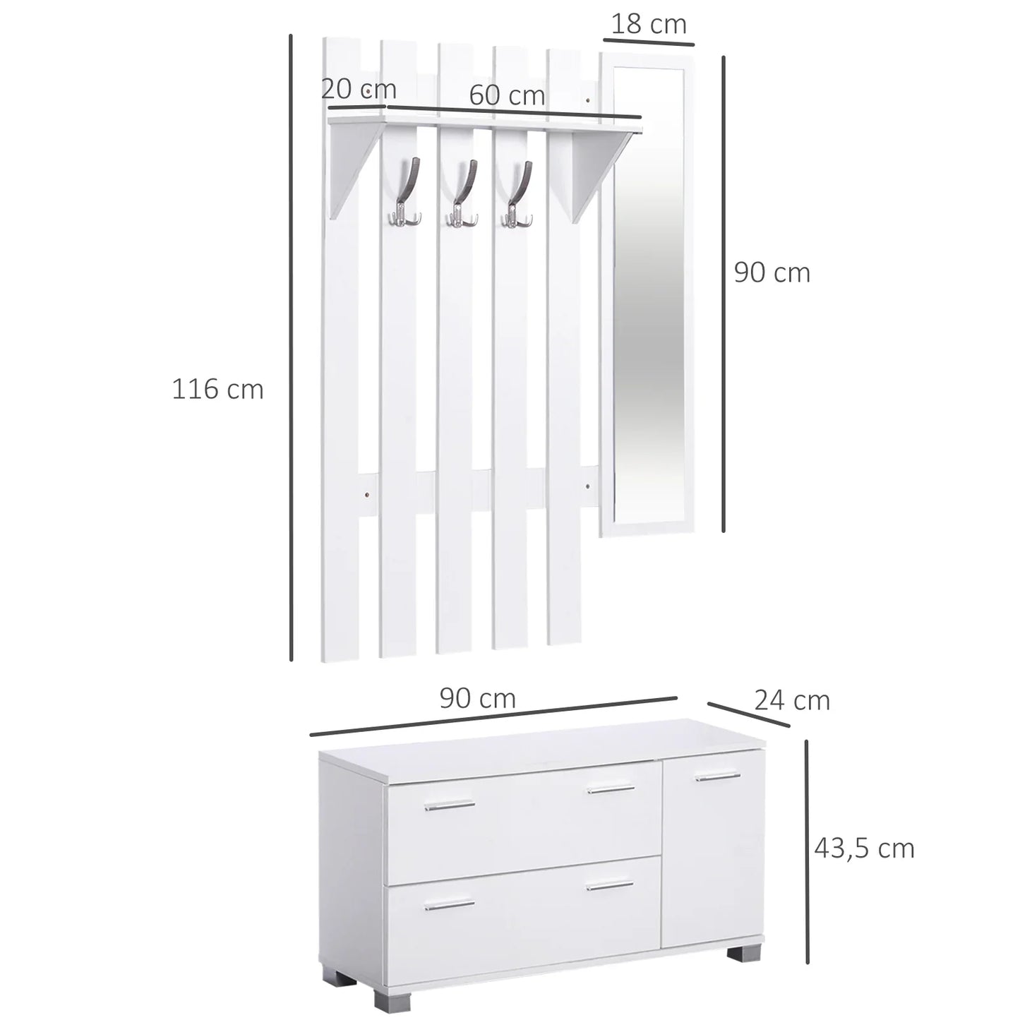 HOMCOM Eingangsset mit Spiegel, Garderobe und Schuhschrank – Eingangsbereich Möbel mit 3 Haken, Regal und 2 Schubladen für Diele in Weiß