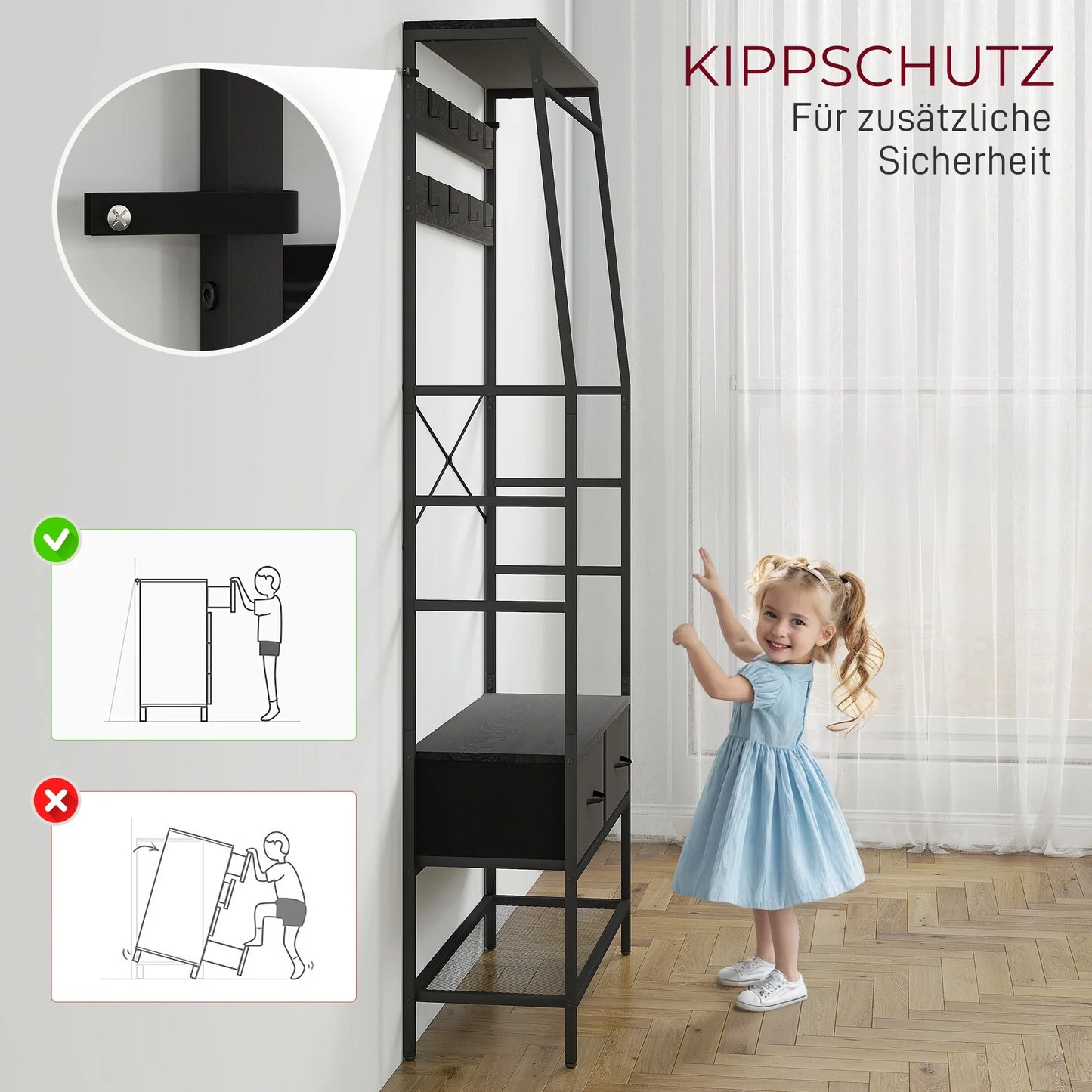 HOMCOM Coat Rack, Clothes Rail with Shoe Rack, 2 Fabric Drawers, Wardrobe with 8 Hooks, Shelf, Coat Rack with Anti-Tip Protection, for Hallway, Corridor, Bedroom, Black