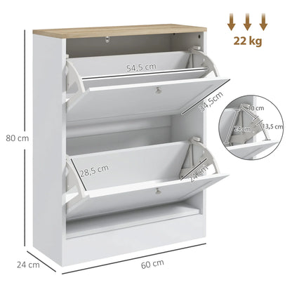 HOMCOM Shoe Cabinet for 12 Pairs, Slim Shoe Storage Cabinet, Modern Furniture Piece for the Entrance Area with 2 Flip-Down Drawers and Adjustable Shelves, for Hallway and Entrance Area, 60 x 24 x 80 cm, White