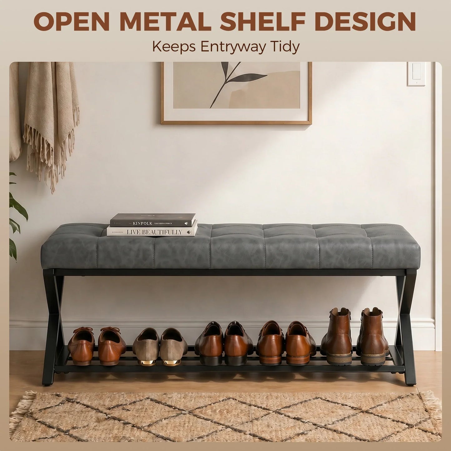 HOMCOM Gepolsterte Schuhbank mit Stauraum – Industrieller X-Rahmen aus Stahl, PU-Kunstleder, 220 kg Tragfähigkeit, 112×37×47 cm, Dunkelgrau