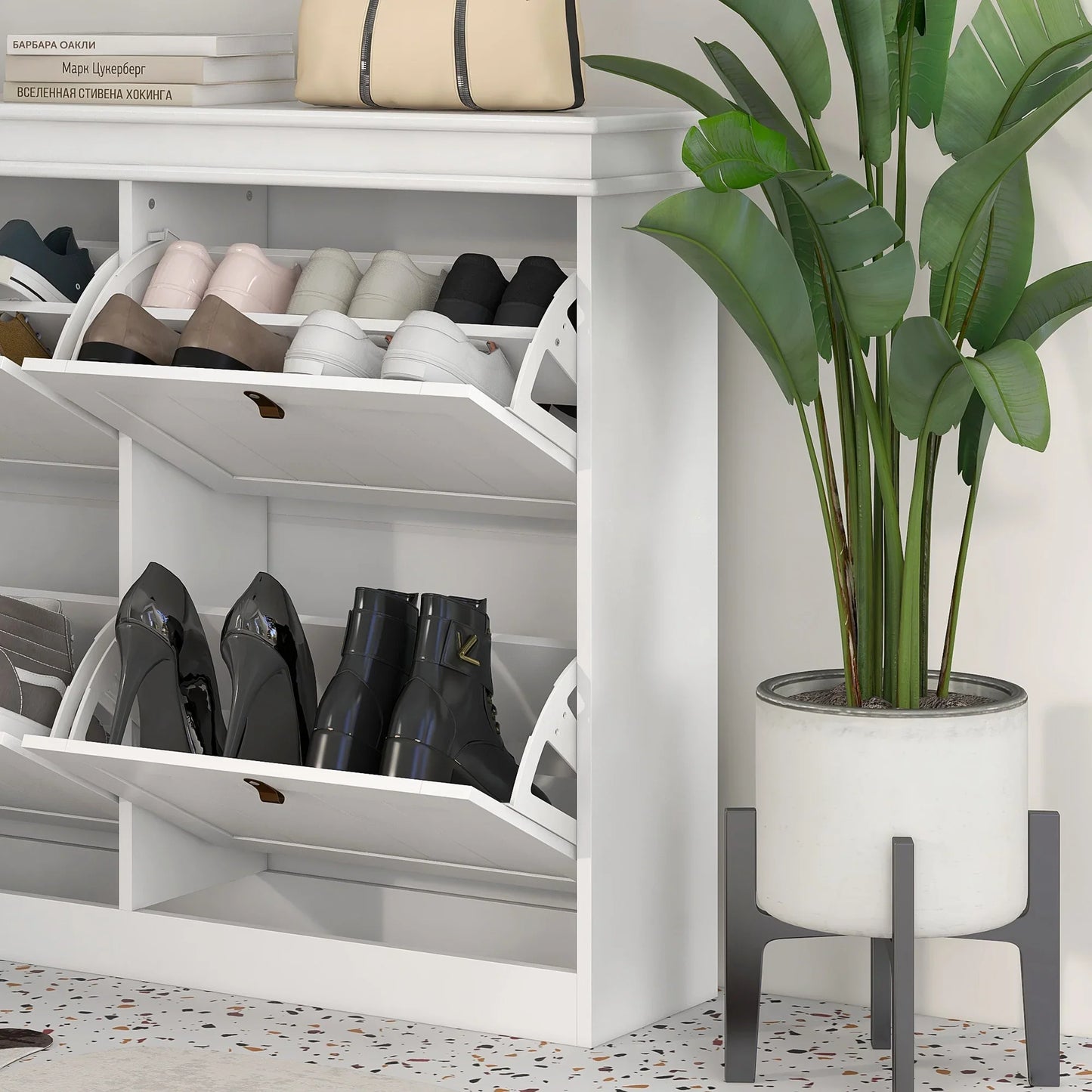 HOMCOM White Shoe Cabinet Slim Shoe Rack with 4 Tilt Doors and Adjustable Shelves for 20 Pairs of Shoes, Anti-tipping Device for Entrance Hallway 105x24x82.5 cm