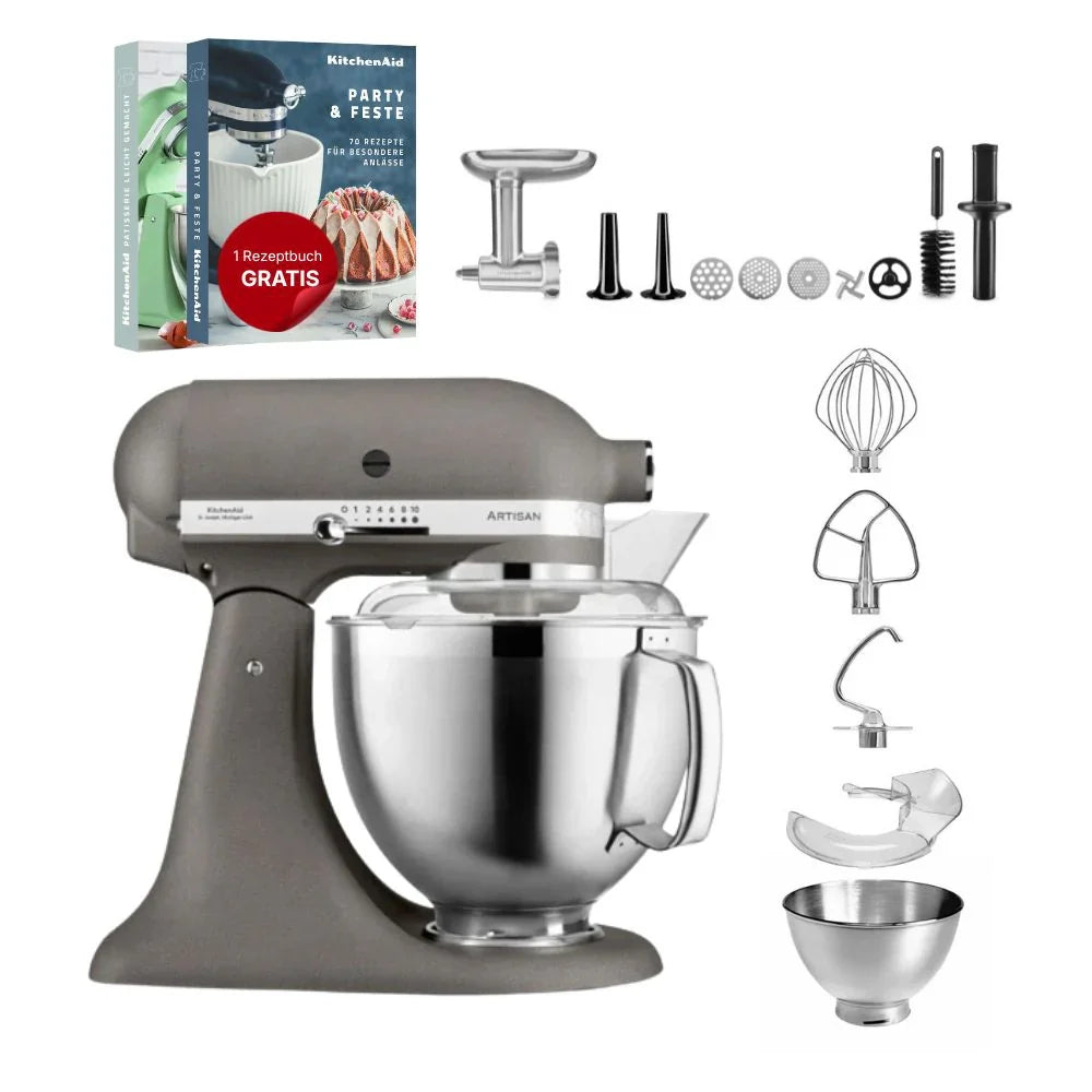 KitchenAid 4,8 L 5KSM185 Artisan Küchenmaschine Fleischliebhaber-Edition Fleischwolf Metall 5KSMMGA Gr. 8 und Spritzgebäckvorsatz