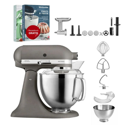 KitchenAid 4,8 L 5KSM185 Artisan Küchenmaschine Fleischliebhaber-Edition Fleischwolf Metall 5KSMMGA Gr. 8 und Spritzgebäckvorsatz