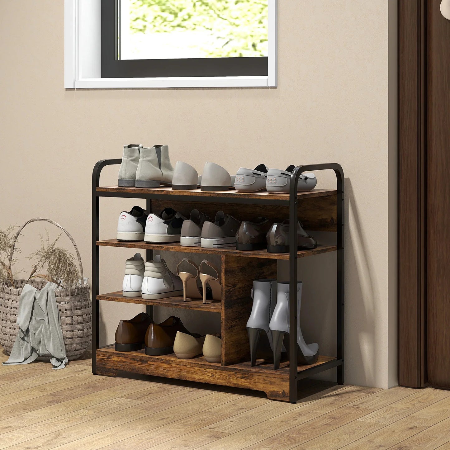 HOMCOM Shoe Rack with 4 Tiers, Shoe Shelf with Handle, Shoe Stand for 11 Pairs of Shoes, Space-Saving Shoe Storage, Shoe Organizer for Entryway, Hallway, Rustic Brown