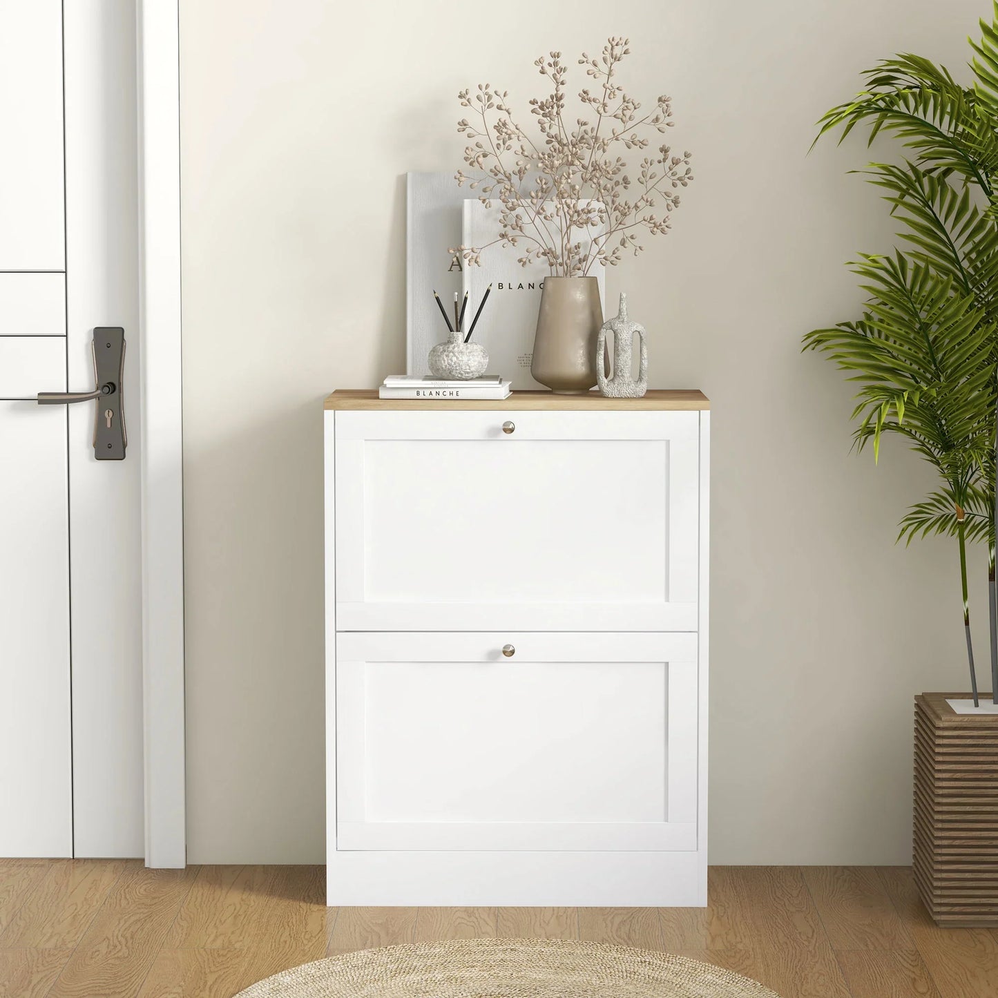 HOMCOM Shoe Cabinet for 12 Pairs, Slim Shoe Storage Cabinet, Modern Furniture Piece for the Entrance Area with 2 Flip-Down Drawers and Adjustable Shelves, for Hallway and Entrance Area, 60 x 24 x 80 cm, White