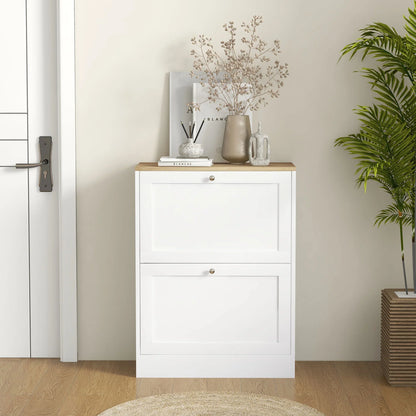 HOMCOM Shoe Cabinet for 12 Pairs, Slim Shoe Storage Cabinet, Modern Furniture Piece for the Entrance Area with 2 Flip-Down Drawers and Adjustable Shelves, for Hallway and Entrance Area, 60 x 24 x 80 cm, White