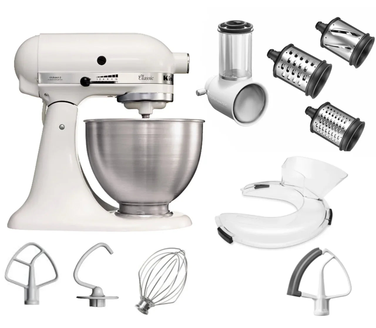 KitchenAid 4,3 L 5K45SS Classic Küchenmaschine Set 3 Gemüseschneider+Spritzschutz+Flexi-Rührer