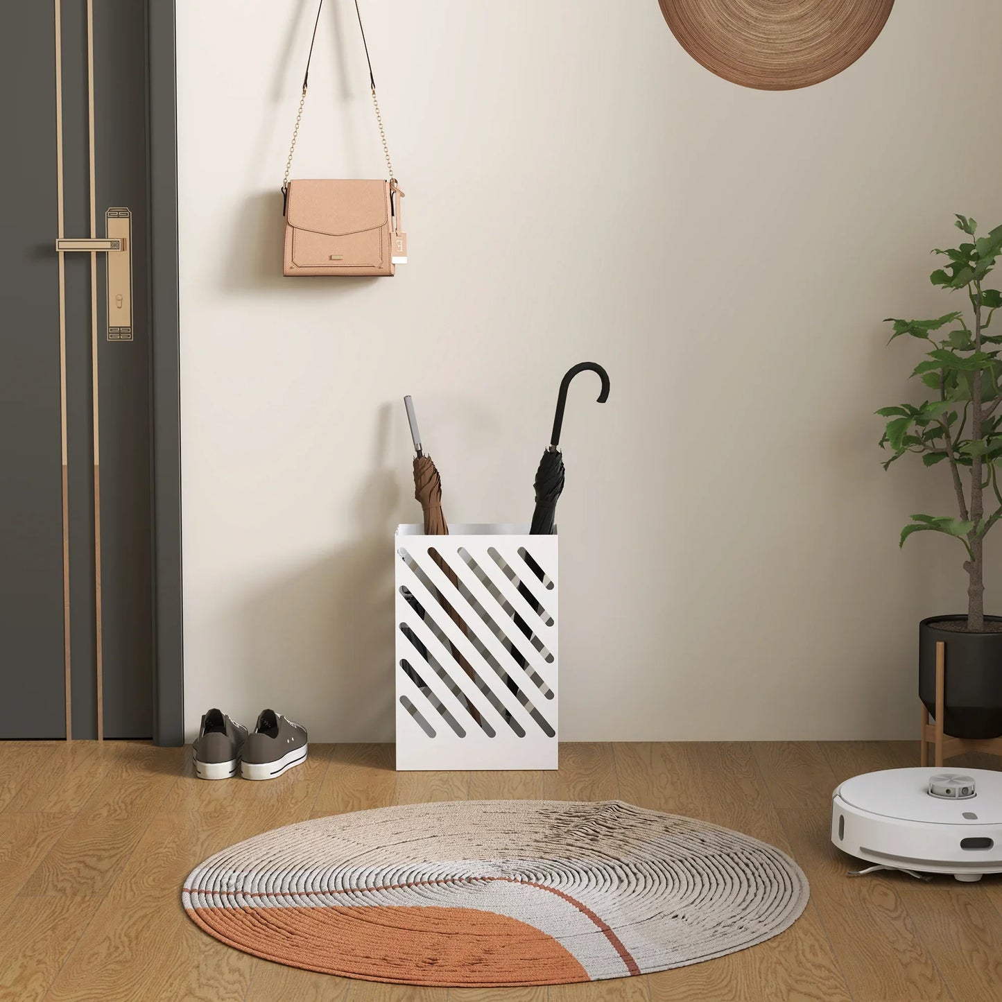 HOMCOM Schirmständer mit 4 Haken und herausnehmbarer Abtropfschale - Schirmhalter für Gehstöcke & Regenschirme, Stahl 28 x 14 x 41 cm Weiß