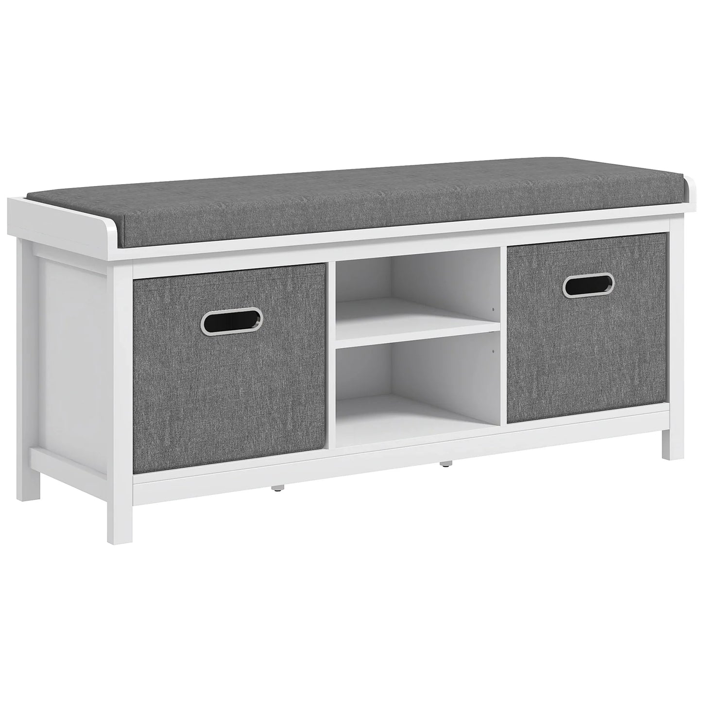 HOMCOM Schuhbank mit verstellbarem 3-stufigem Regal, 2 herausnehmbaren Schubladen und Polster, Möbel aus Spanplatte, 105x35x47 cm, Weiß und Grau