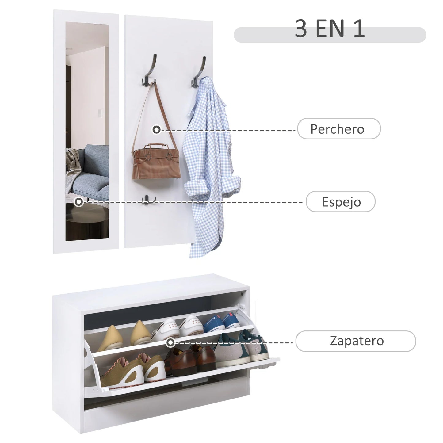 HOMCOM Möbelset für den Eingangsbereich 3-teiliges Schuhschrank-Spiegel-Garderobe mit 4 Haken zum Aufhängen von Kleidung 80x27x46,5 cm Weiß