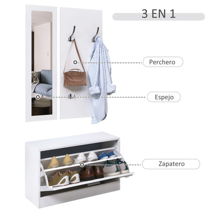 HOMCOM Möbelset für den Eingangsbereich 3-teiliges Schuhschrank-Spiegel-Garderobe mit 4 Haken zum Aufhängen von Kleidung 80x27x46,5 cm Weiß