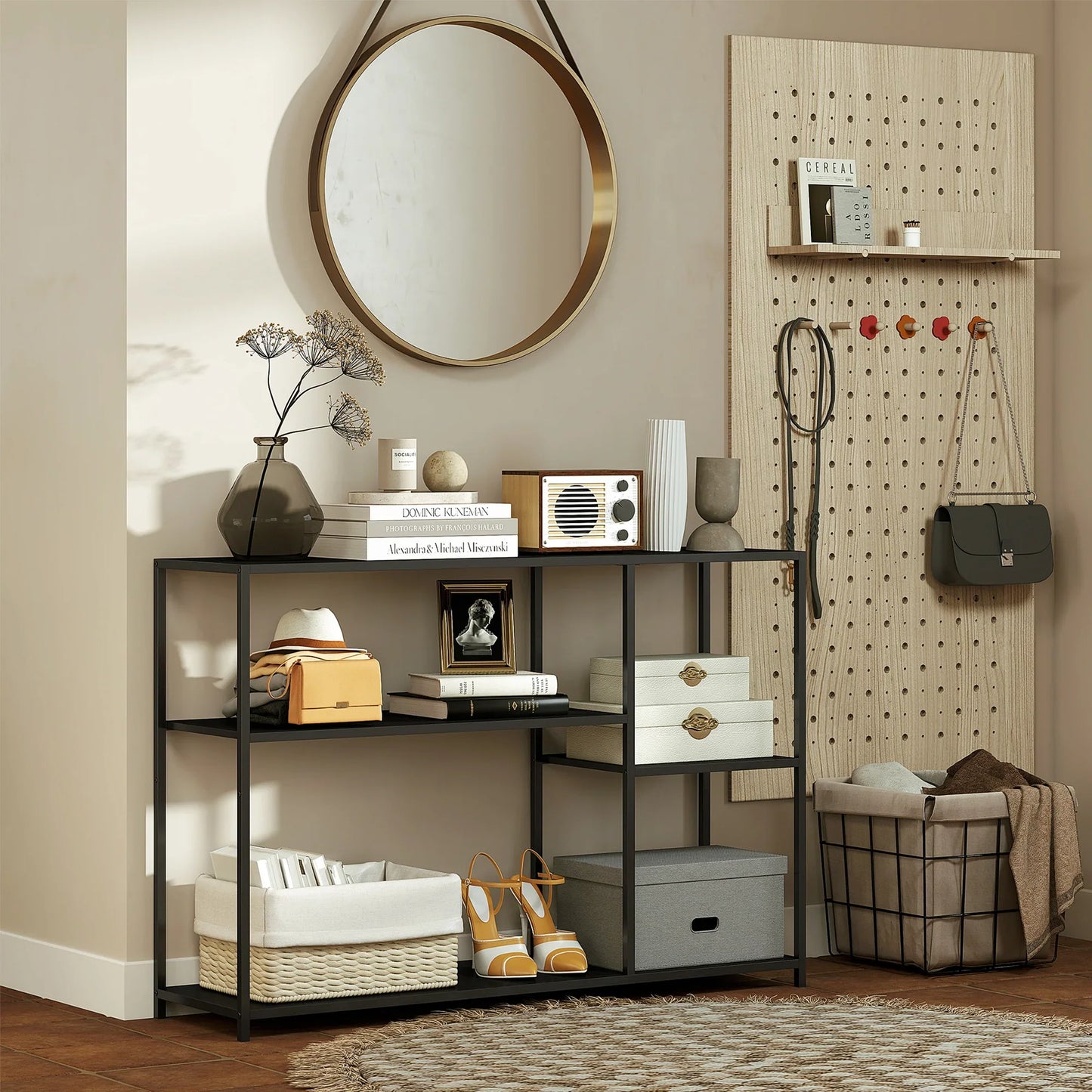 HOMCOM Konsolentisch Flurtisch mit 4 Regalen, Seitentisch mit Stahlrahmen, Metallregal für kleine Räume, Eingangsbereich, Flur, Wohnzimmer, 110 x 30 x 75 cm Schwarz
