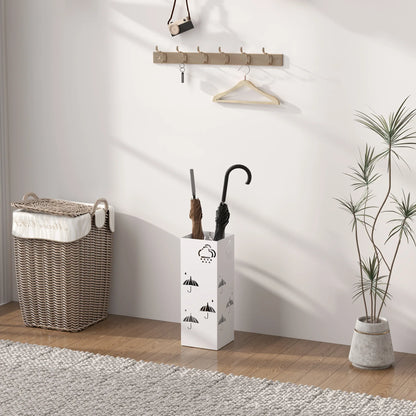 HOMCOM Steel Umbrella Stand with 4 Hooks and Removable Drip Tray - White Umbrella Holder for Hallway and Office 15.5x15.5x41 cm