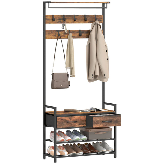 HOMCOM 5-in-1 Garderobenbaum mit Sitzbank & Organizer, Industrielles Stahlgestell, Rustikalbraun