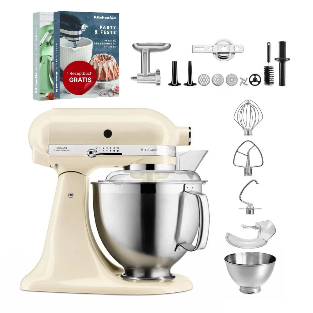 KitchenAid 4,8 L 5KSM185 Artisan Küchenmaschine Fleischliebhaber-Edition Fleischwolf Metall 5KSMMGA Gr. 8 und Spritzgebäckvorsatz