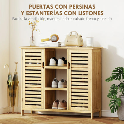 HOMCOM Bamboo Shoe Cabinet with 2 Louvred Doors - Shoe Rack for the Entrance Area with Shelves and Open Compartments for 9 Pairs of Shoes 100x33x86 cm Natural