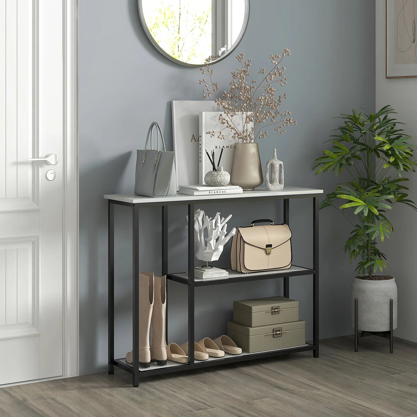 HOMCOM Console table, hall table with 3 shelves, 100 x 30 x 80 cm, side table, small display table for narrow spaces, hallway, entrance, living room, bedroom, white