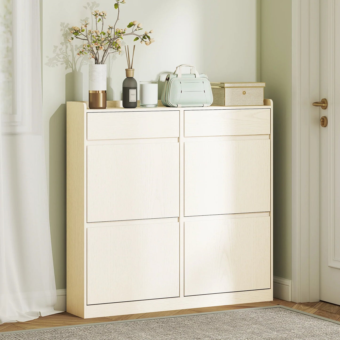 HOMCOM Narrow Shoe Cabinet with 4 Flip-Down Doors - Shoe Storage with 2 Drawers for 8 Pairs of Shoes, Ideal for the Hallway - 98x19.2x95.3 cm White