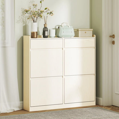 HOMCOM Narrow Shoe Cabinet with 4 Flip-Down Doors - Shoe Storage with 2 Drawers for 8 Pairs of Shoes, Ideal for the Hallway - 98x19.2x95.3 cm White