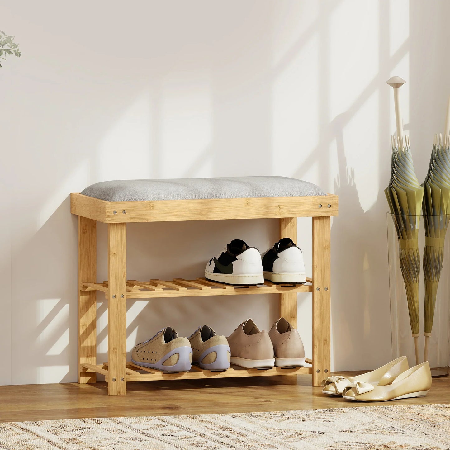 HOMCOM Shoe Storage Bench with Shoe Cabinet, 2 Shelves and Integrated Grey Cushion, made of Bamboo