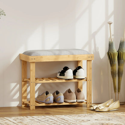HOMCOM Shoe Storage Bench with Shoe Cabinet, 2 Shelves and Integrated Grey Cushion, made of Bamboo