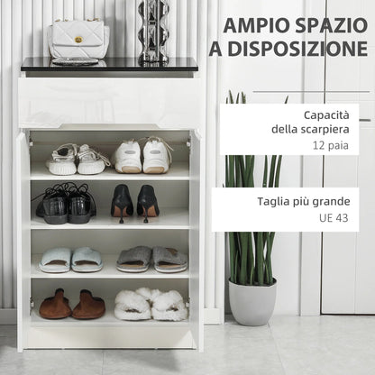 HOMCOM Slim Shoe Cabinet for up to 12 Pairs of Shoes for Entrances and Hallways with 3 Adjustable Shelves and Drawer made of Glossy Particle Board, 60x32x100 cm