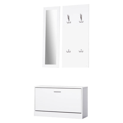 HOMCOM Möbelset für den Eingangsbereich 3-teiliges Schuhschrank-Spiegel-Garderobe mit 4 Haken zum Aufhängen von Kleidung 80x27x46,5 cm Weiß