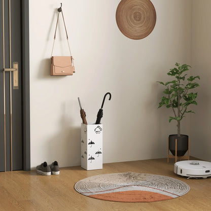HOMCOM Steel Umbrella Stand with 4 Hooks and Removable Drip Tray - White Umbrella Holder for Hallway and Office 15.5x15.5x41 cm