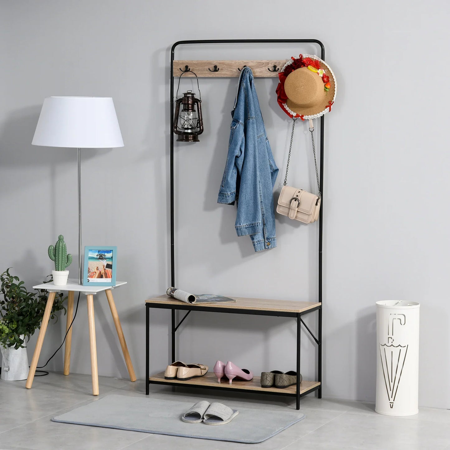 HOMCOM Coat Rack with Bench and Shoe Storage, Industrial Style, Vintage Wood and Black Steel Hallway Furniture
