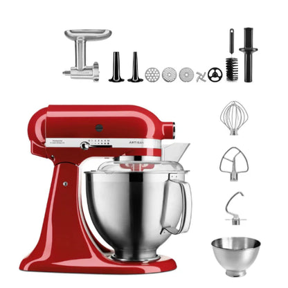 KitchenAid 4,8 L 5KSM185 Artisan Küchenmaschine Fleischliebhaber-Edition Fleischwolf Metall 5KSMMGA Gr. 8 und Spritzgebäckvorsatz
