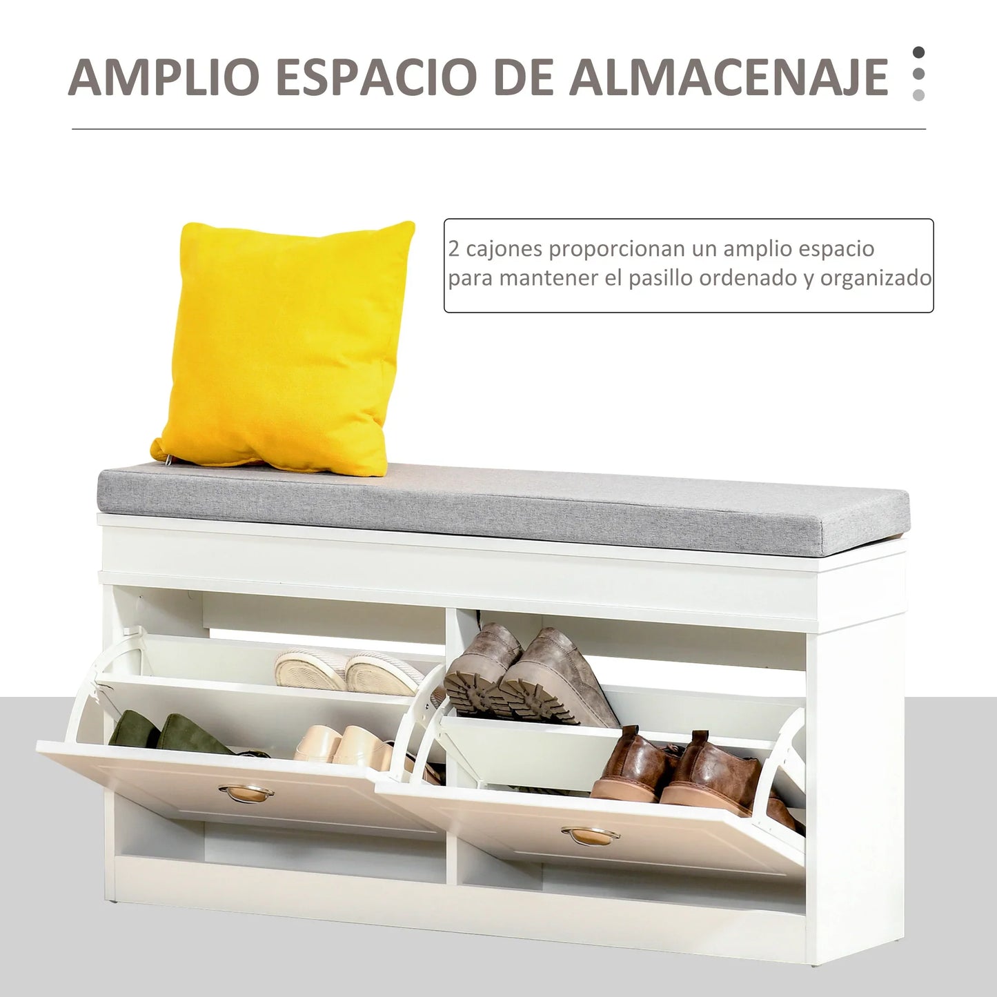 HOMCOM Schuhbank Schuhaufbewahrung für 8 Paar Schuhe mit 2 Schubladen, verstellbaren Regalböden und gepolstertem Sitzkissen für Eingangsbereich Flur 104x24x55 cm Weiß