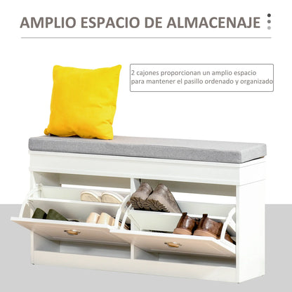 HOMCOM Schuhbank Schuhaufbewahrung für 8 Paar Schuhe mit 2 Schubladen, verstellbaren Regalböden und gepolstertem Sitzkissen für Eingangsbereich Flur 104x24x55 cm Weiß