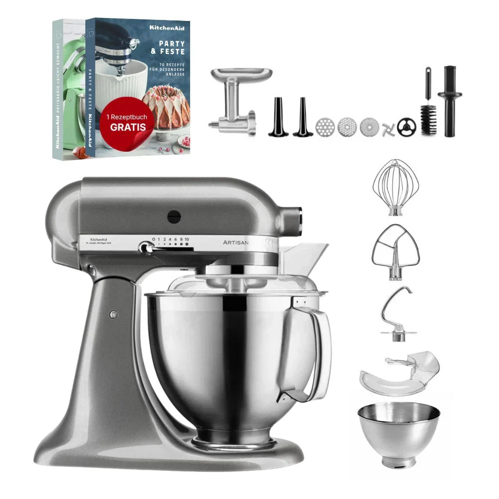 KitchenAid 4,8 L 5KSM185 Artisan Küchenmaschine Fleischliebhaber-Edition Fleischwolf Metall 5KSMMGA Gr. 8 und Spritzgebäckvorsatz