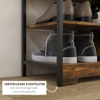 HOMCOM Shoe Rack with 4 Tiers, Shoe Shelf with Handle, Shoe Stand for 11 Pairs of Shoes, Space-Saving Shoe Storage, Shoe Organizer for Entryway, Hallway, Rustic Brown
