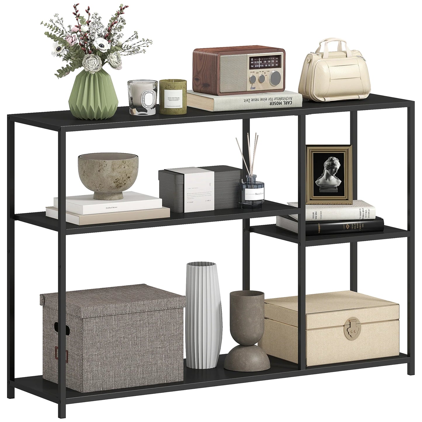 HOMCOM Konsolentisch Flurtisch mit 4 Regalen, Seitentisch mit Stahlrahmen, Metallregal für kleine Räume, Eingangsbereich, Flur, Wohnzimmer, 110 x 30 x 75 cm Schwarz