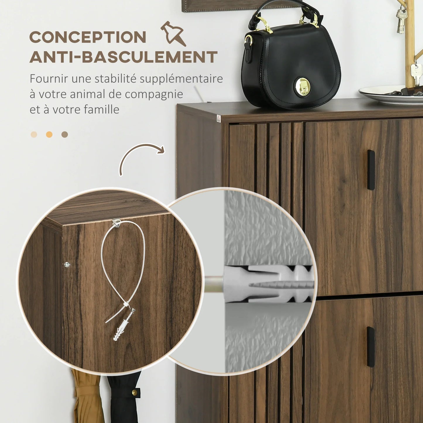 HOMCOM Schuhschrank mit 3 Klappen, für 18 Paar Schuhe, 3 Fächer, große Kapazität für Eingangsbereich, Flur, Wohnzimmer, 63 x 24 x 117 cm, Dunkelwalnuss