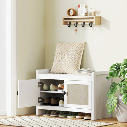HOMCOM Bohemian shoe bench with rattan front doors, removable shelf for 8 pairs of shoes for hallway and bedroom 80x35x52 cm white