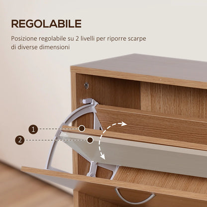 HOMCOM Schlankes Schuhregal mit 4 Klapptüren, modernes Schuhregal für 24 Paar Schuhe mit verstellbaren Einlegeböden, Holzfarbe, 120x24x81cm