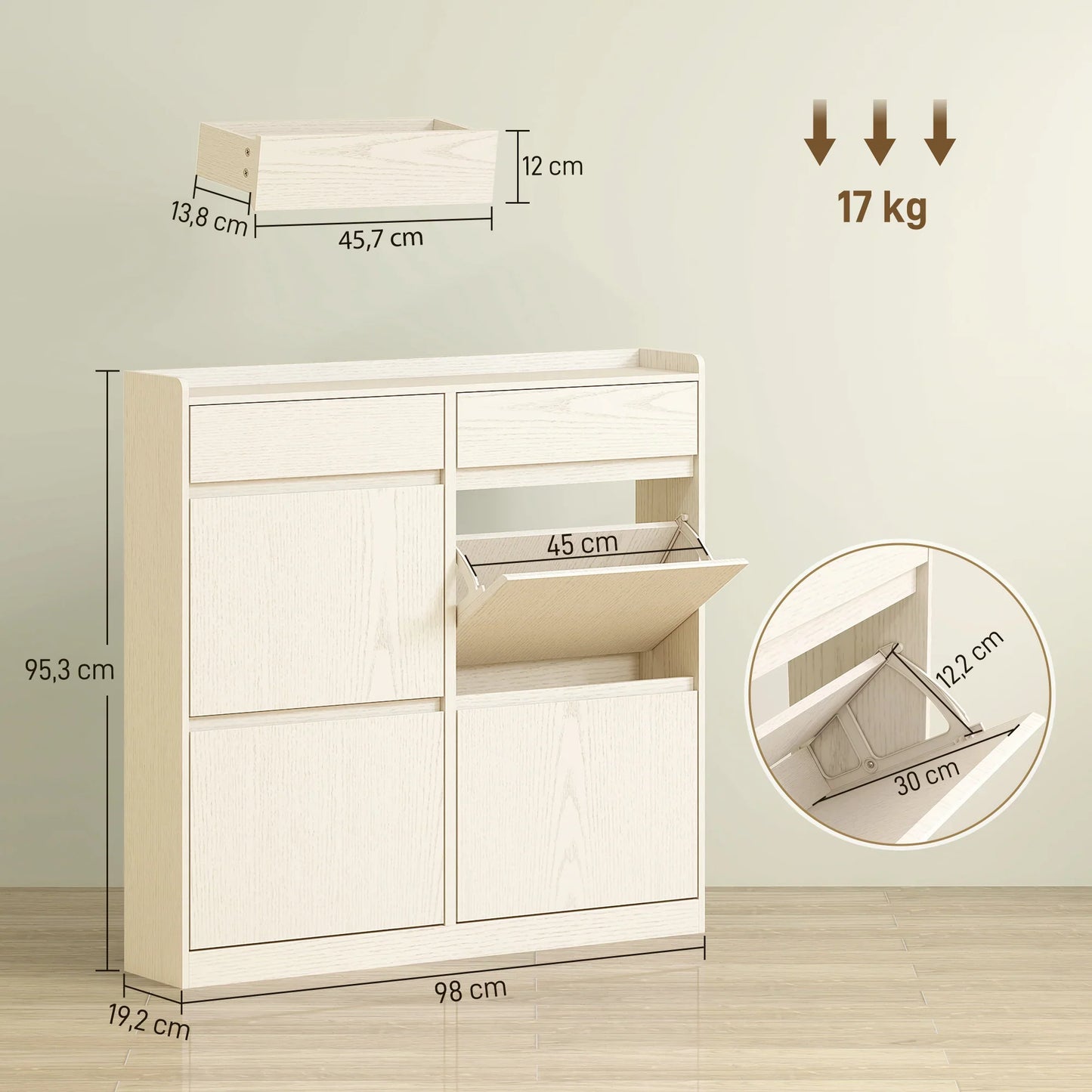 HOMCOM Narrow Shoe Cabinet with 4 Flip-Down Doors - Shoe Storage with 2 Drawers for 8 Pairs of Shoes, Ideal for the Hallway - 98x19.2x95.3 cm White