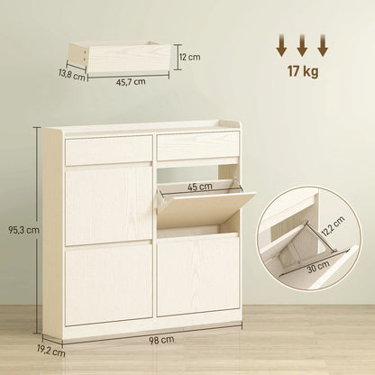 HOMCOM Narrow Shoe Cabinet with 4 Flip-Down Doors - Shoe Storage with 2 Drawers for 8 Pairs of Shoes, Ideal for the Hallway - 98x19.2x95.3 cm White