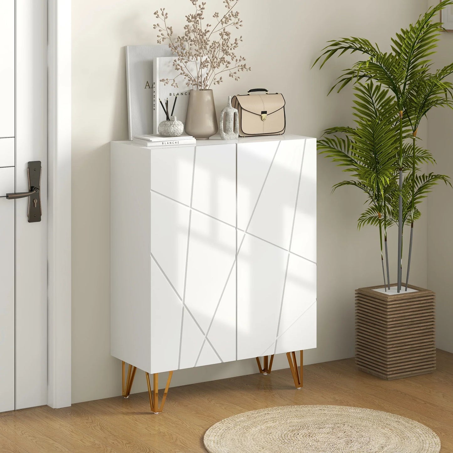 HOMCOM Shoe Cabinet, Shoe Storage Cabinet, 2 Doors with Soft-Close Hinge, Adjustable Shelves for 15-20 Pairs of Shoes, White Lacquer