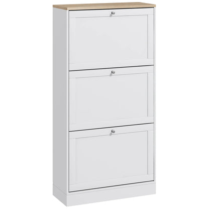 HOMCOM Schmales Schuhschrank mit 3 Klapptüren – Schuhaufbewahrung für den Eingangsbereich mit verstellbaren Regalen für 18 Paar Schuhe für schmale Flure 60x23,5x115 cm Weiß