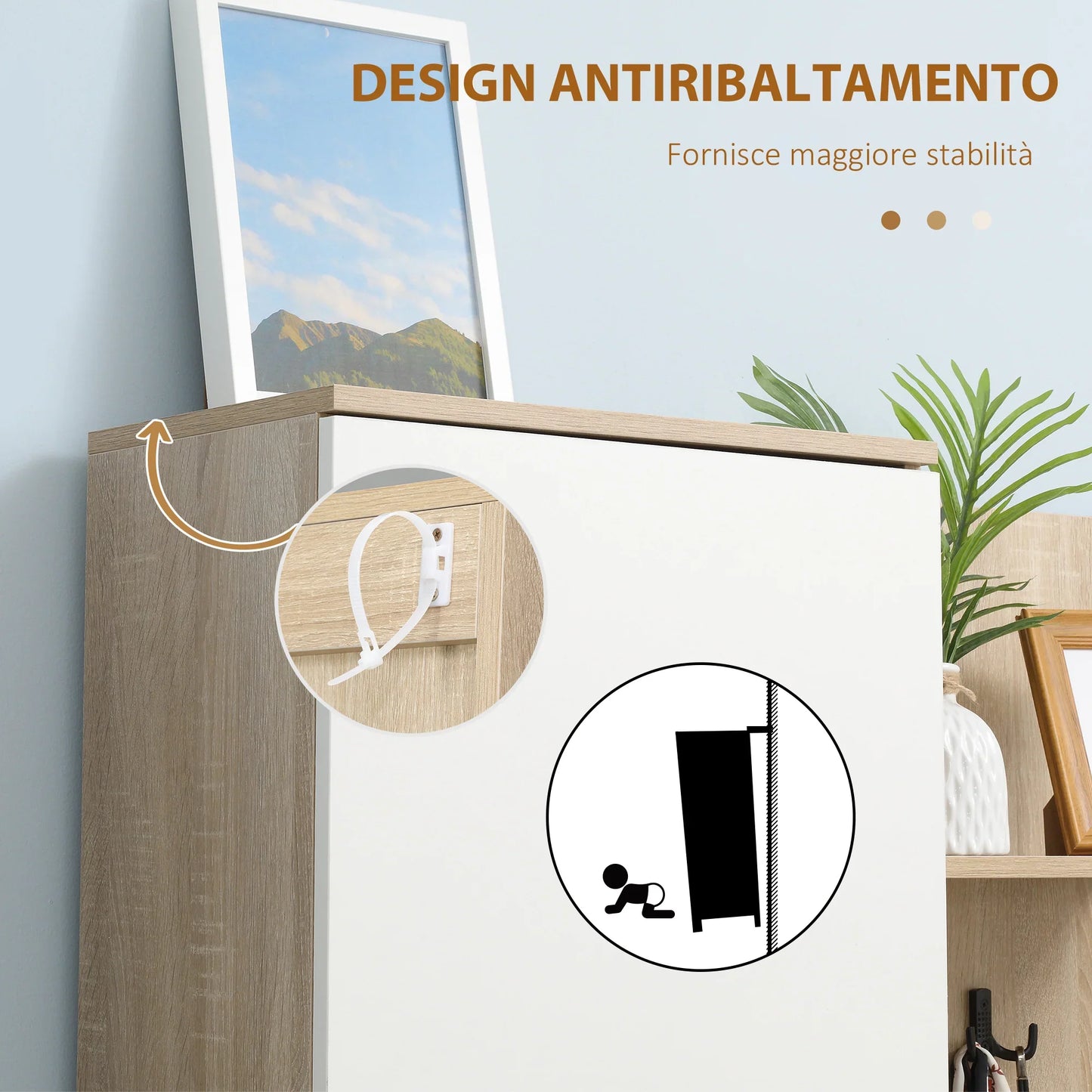 HOMCOM 4-in-1 Garderobenständer mit Spiegel, Haken und verstellbaren Regalen, multifunktionales Möbelstück für den Eingangsbereich aus Holz mit Schublade, 145x29x184 cm, Naturholz und Weiß