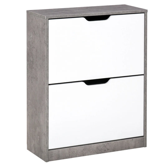 HOMCOM Holz Schuhschrank Schuhregal mit 2 Klapptüren und 4 Ablagen für 8 Paare im Eingangsbereich Flur Schlafzimmer 62,5x26x81 cm Grau