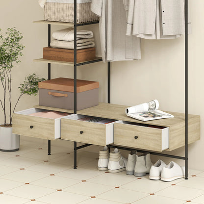 HOMCOM 4-in-1 Freistehender Garderobenständer mit Ablagen, Schubladen & Kleiderstange – Eiche-Optik, Metallgestell, Kippschutz (H 180 cm)